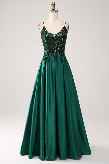 Verde scuro A-Line Spaghetti Straps Abito lungo da ballo